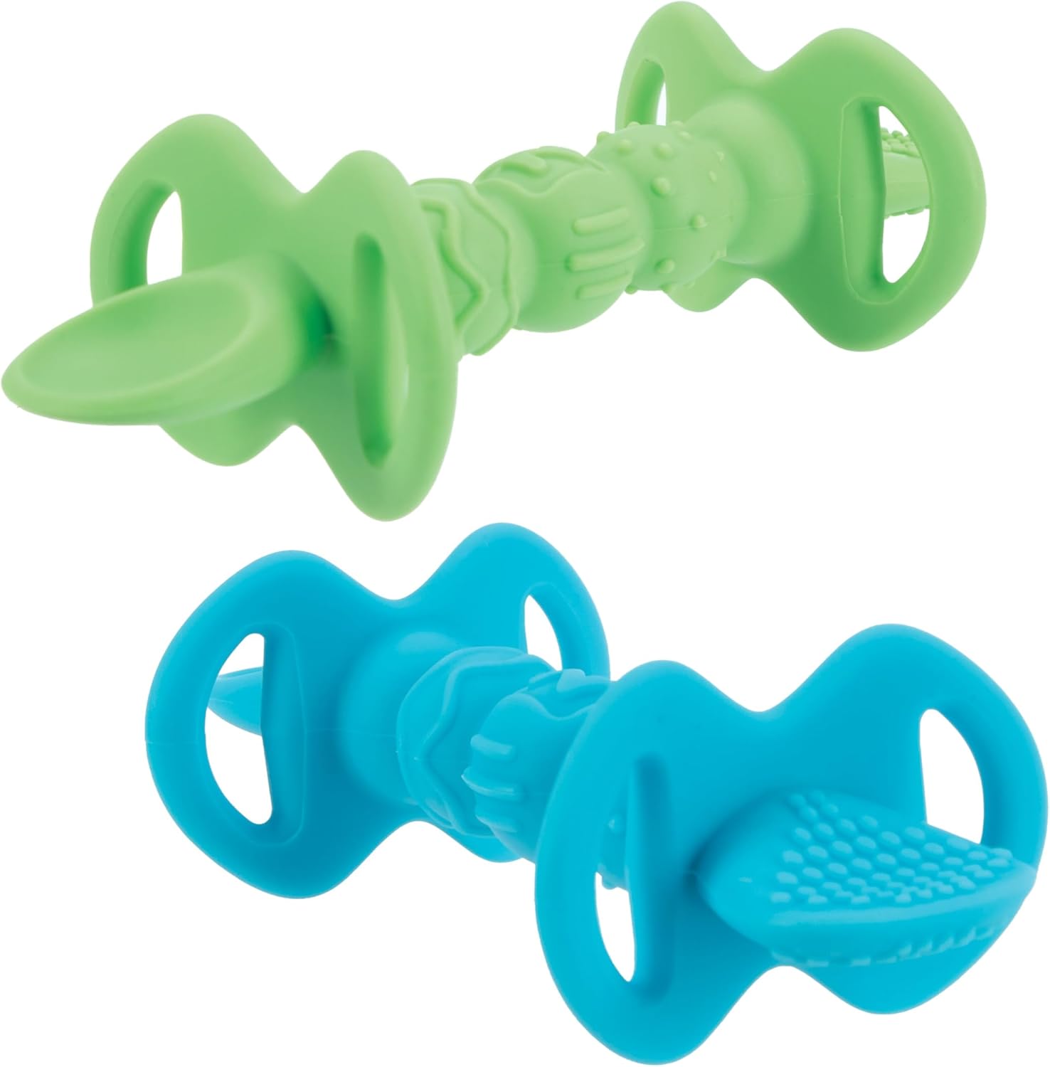 Nuby Dipeez Two in One Silicone Baby Spoons and Dipper pack front view showing blue and green utensils