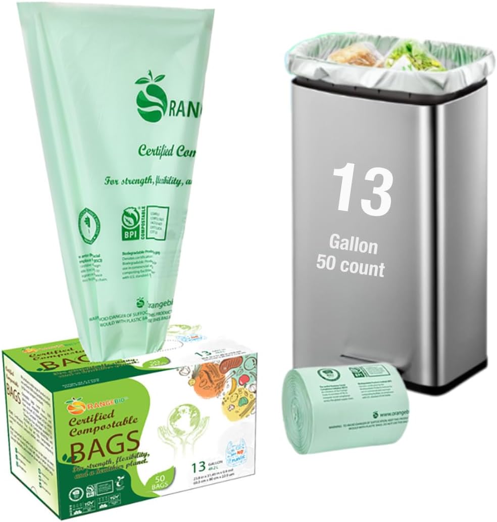 OrangeBio 100% Home Compostable 13 Gallon Trash Bags front view eco-friendly packaging.
