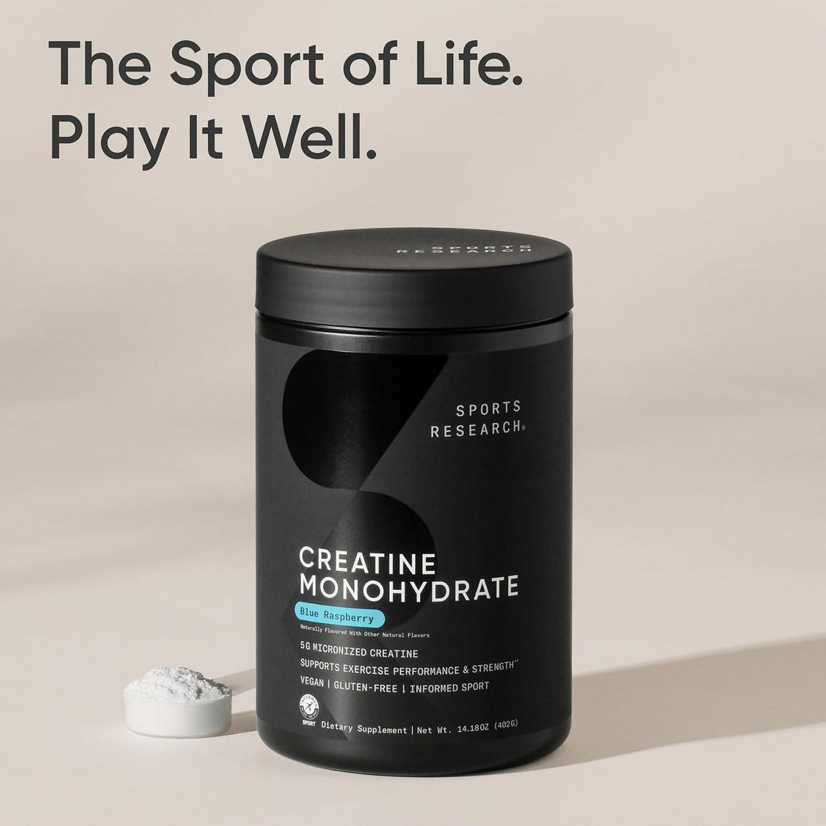 Top view of Sports Research micronized muscle building creatine powder container.