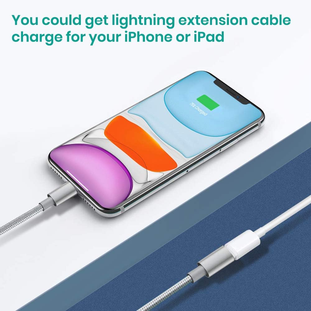 MeloAudio 6.6FT Braid Extension Cord Cable Charging Sync Video & Audio Compatible with iOS Devices (Phone/Pad/Pod), Male to Female Dock Cable Extender Connector Case Adapter (Gray) - Image 4