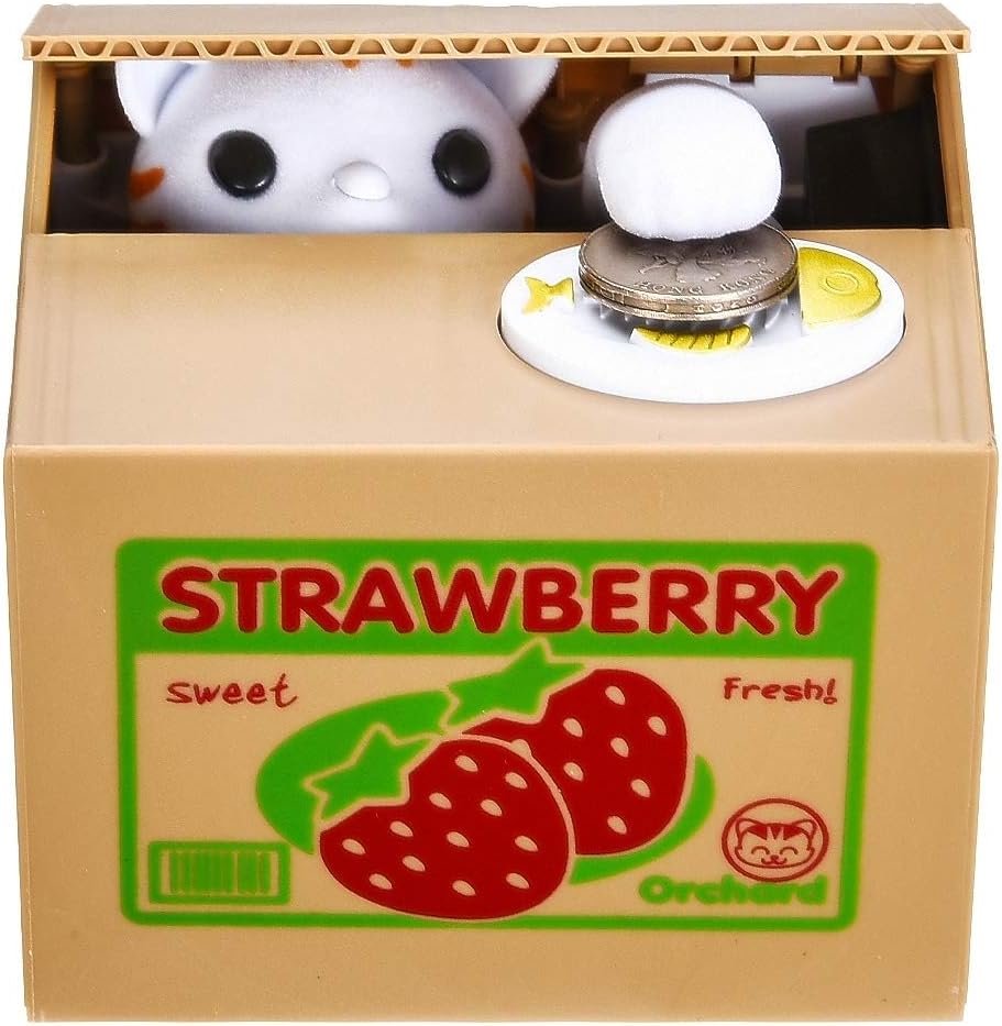 HmiL-U Cat Stealing Money Bank front view showing the strawberry pattern box.