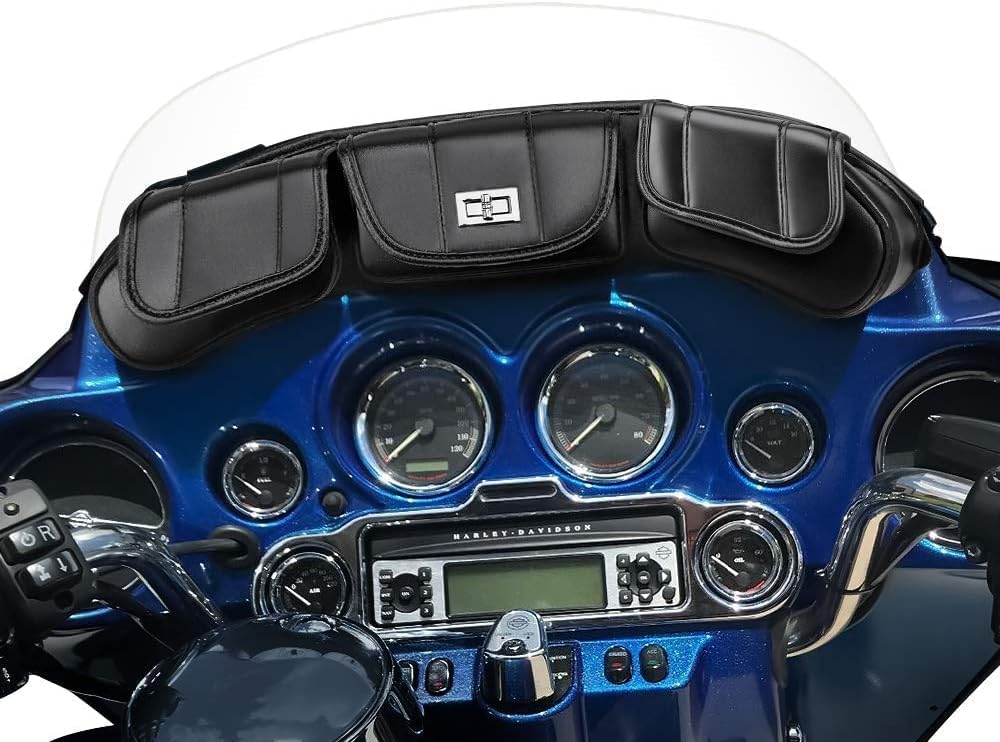 KEMIMOTO motorcycle windshield bag front view showing three storage pouches on batwing fairing.