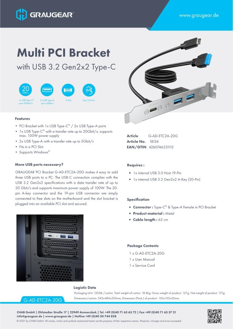 GRAUGEAR 20Gbps USB3.2 Gen2x2 USB-C Front Panel Adapter, Motherboard Header Extension Cable, USB-C and USB to USB3.2 Type-E Key-A 20-Pin and 19-Pin USB3.0 Connectors with PCIe Bracket[G-AD-ETC2A-20G] - Image 11