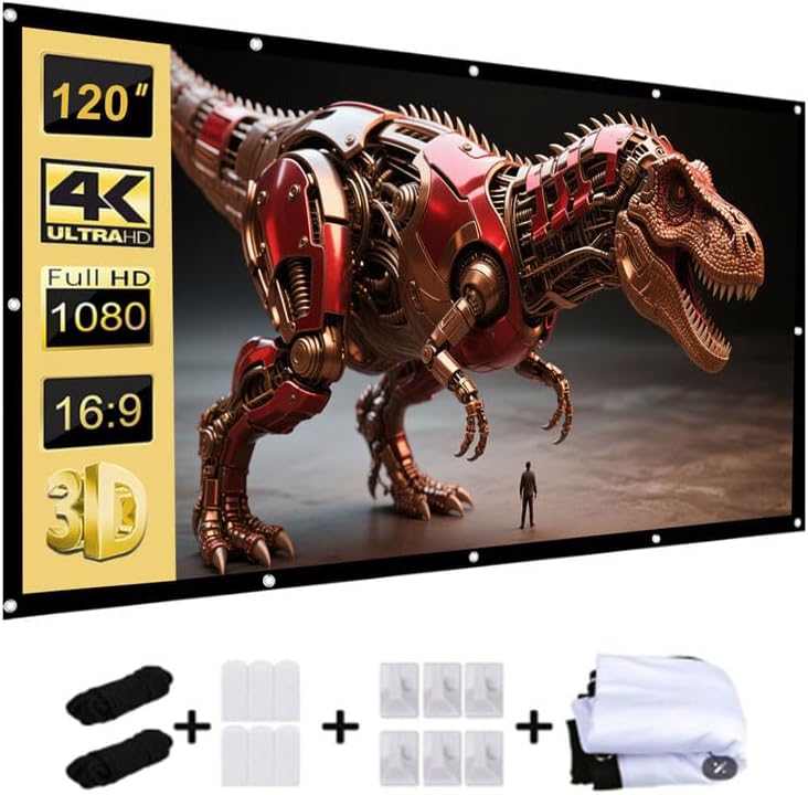 YGSKK 120 inch projection screen front view showcasing 4K home theater setup.