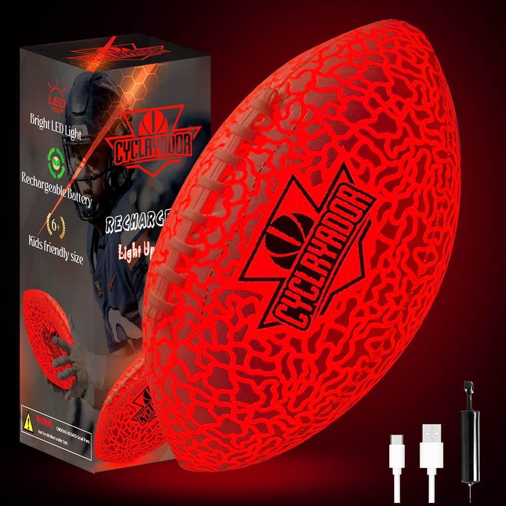 Cyclryador Rechargeable Glow in the Dark Kids Football front view showing red light up illumination and black textured grip patterns.