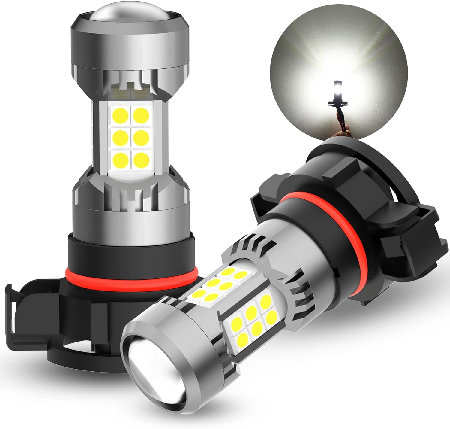 Phinlion 2504 PSX24W LED fog light bulbs front view showing 3030 SMD chips and aluminum body
