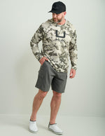 Huk hooded fishing shirt back view with camouflage pattern