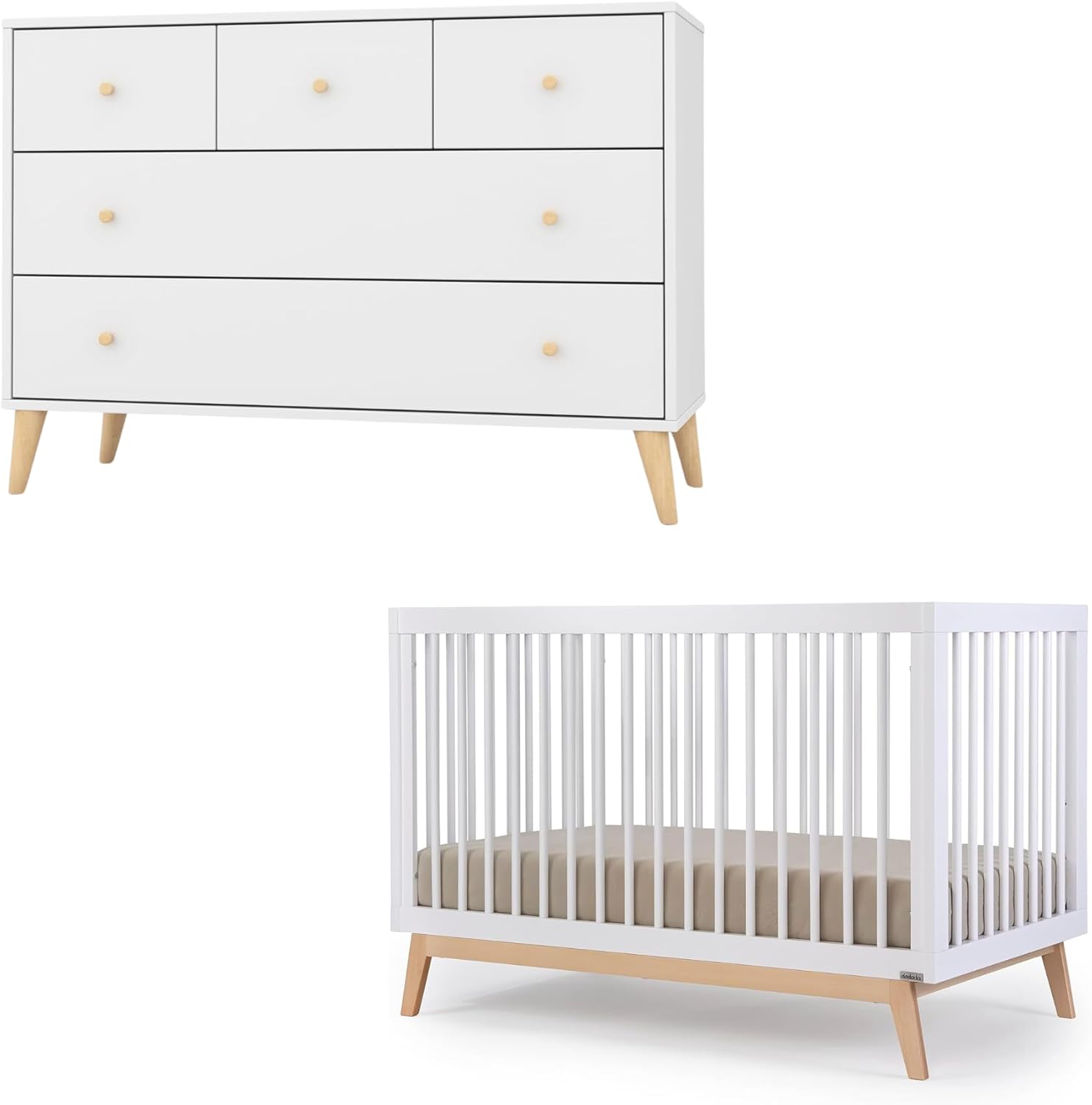 Dadada Baby Harmony Set front view showcasing the modern white and natural beechwood convertible crib and matching dresser combo.