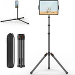 XXZU tablet floor stand tripod front view fully extended holding an iPad