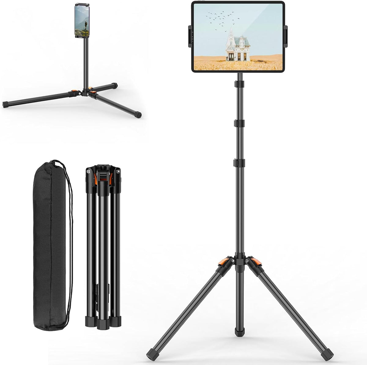 XXZU tablet floor stand tripod front view fully extended holding an iPad