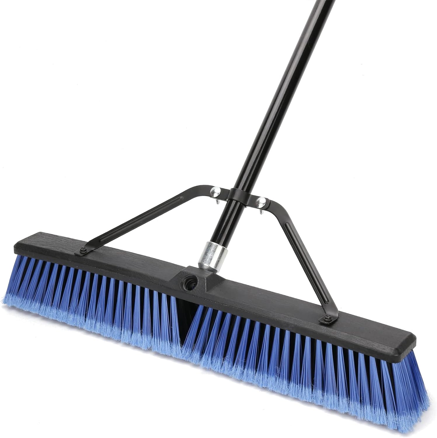 KeFanta 24 Inch Outdoor Push Broom front view highlighting the blue stiff bristles and long metal handle.