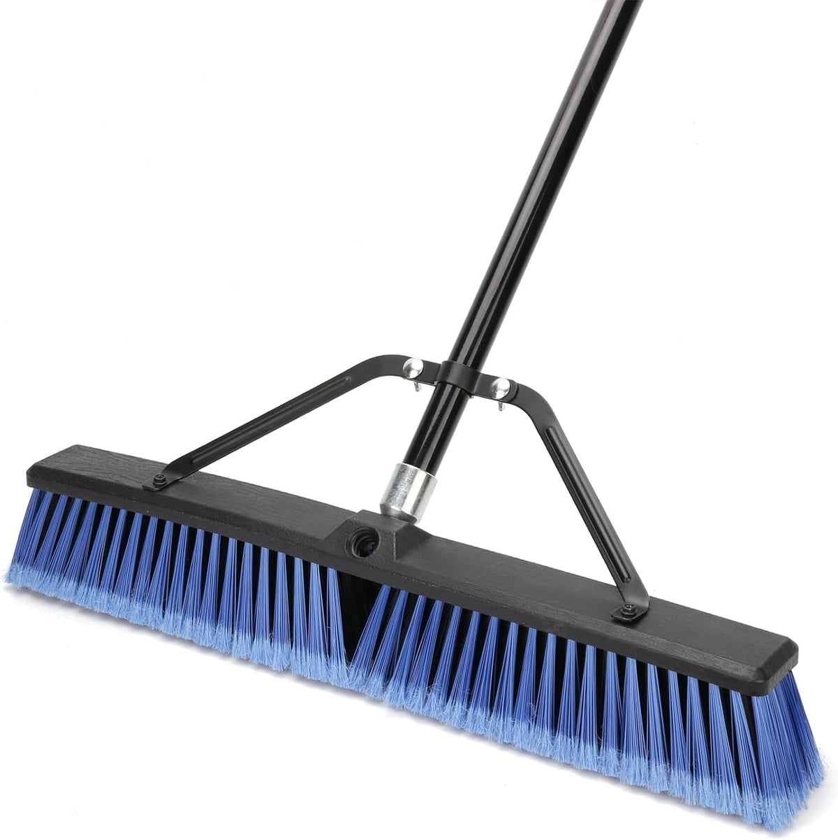 KeFanta 24 Inch Outdoor Push Broom front view highlighting the blue stiff bristles and long metal handle.