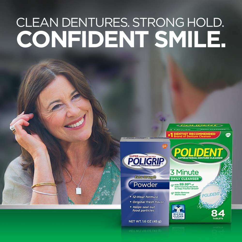 Back of Poligrip denture adhesive powder label showing usage instructions