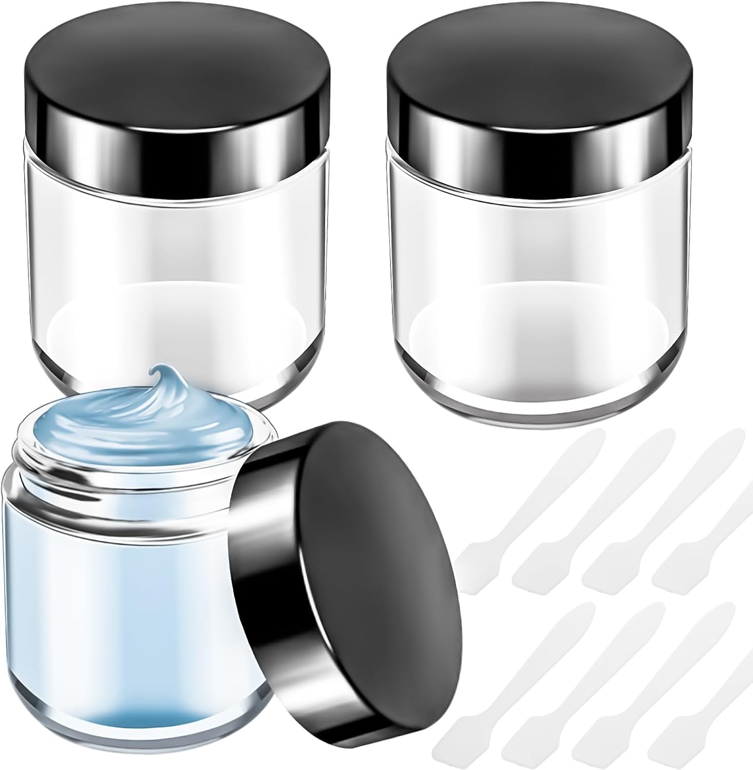 MotBach 3 Pack 4 Ounce glass jars front view with black lids