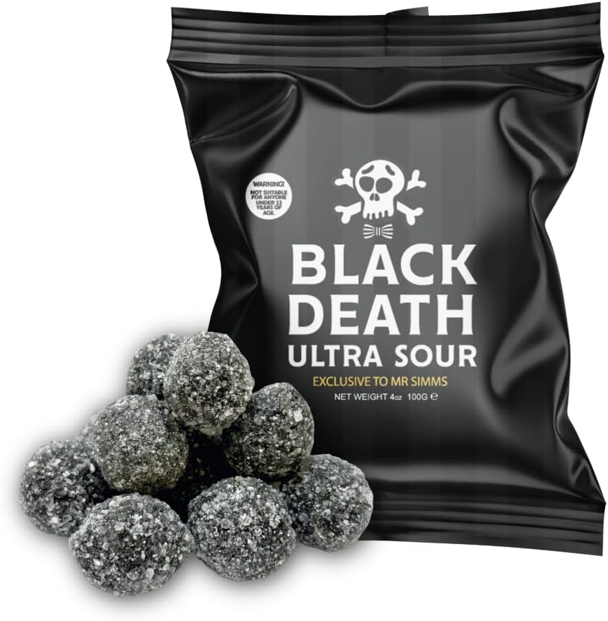 Pitching Pigeon Mr. Simms Black Death Ultra Sours Candy front view packaging for extreme sour challenge.
