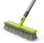TrueYee 2 in 1 floor scrub brush front view showcasing lime green stiff bristles and integrated squeegee