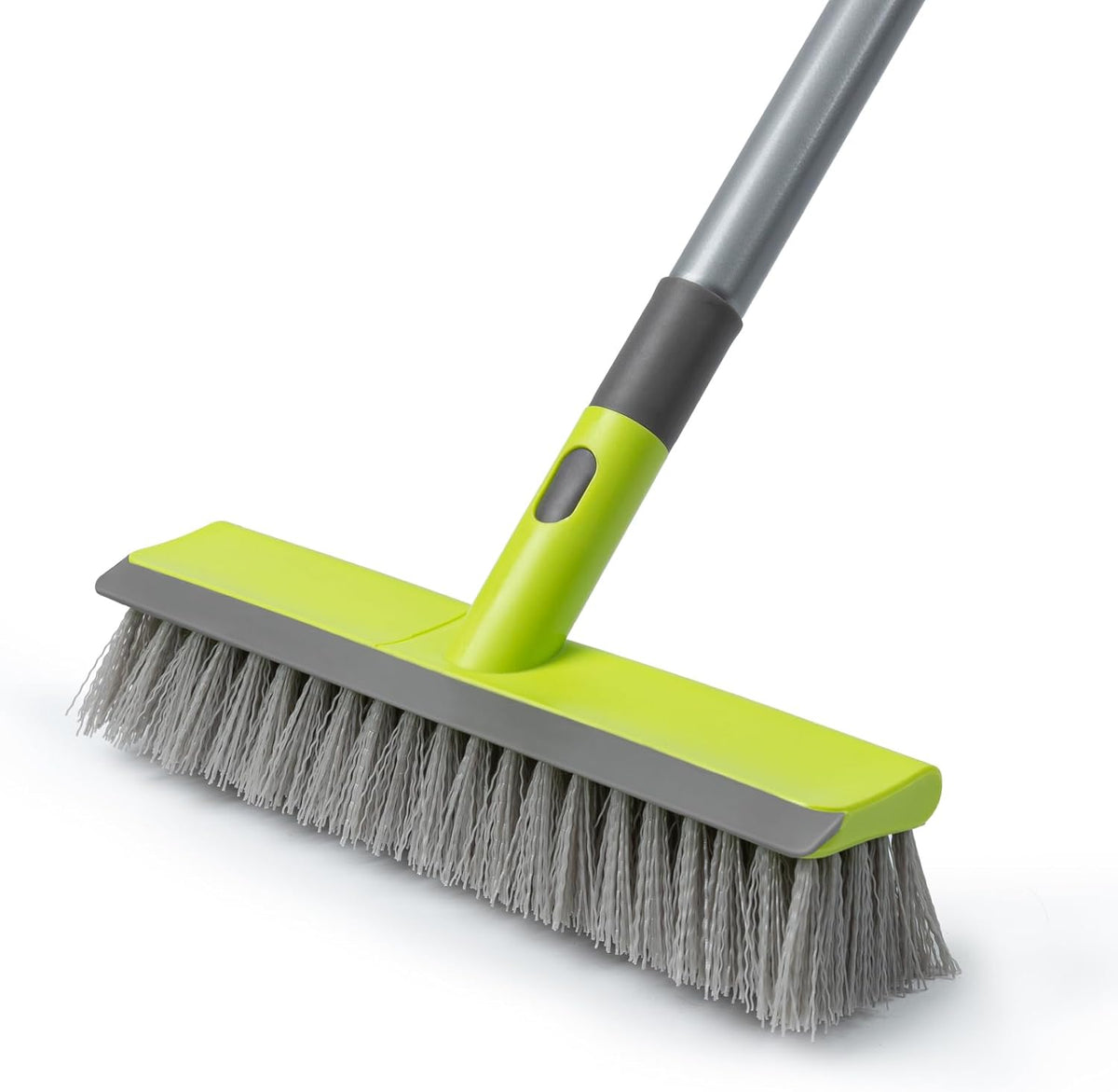 TrueYee 2 in 1 floor scrub brush front view showcasing lime green stiff bristles and integrated squeegee