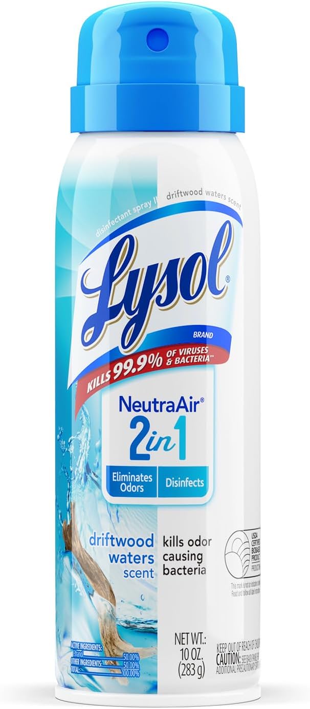 Lysol Neutraair Disinfectant Spray, 2 In 1: Eliminates Odors and Disinfects, Air Freshener & Disinfecting Spray, Driftwood Waters, 10 Fl Oz. - Image 1