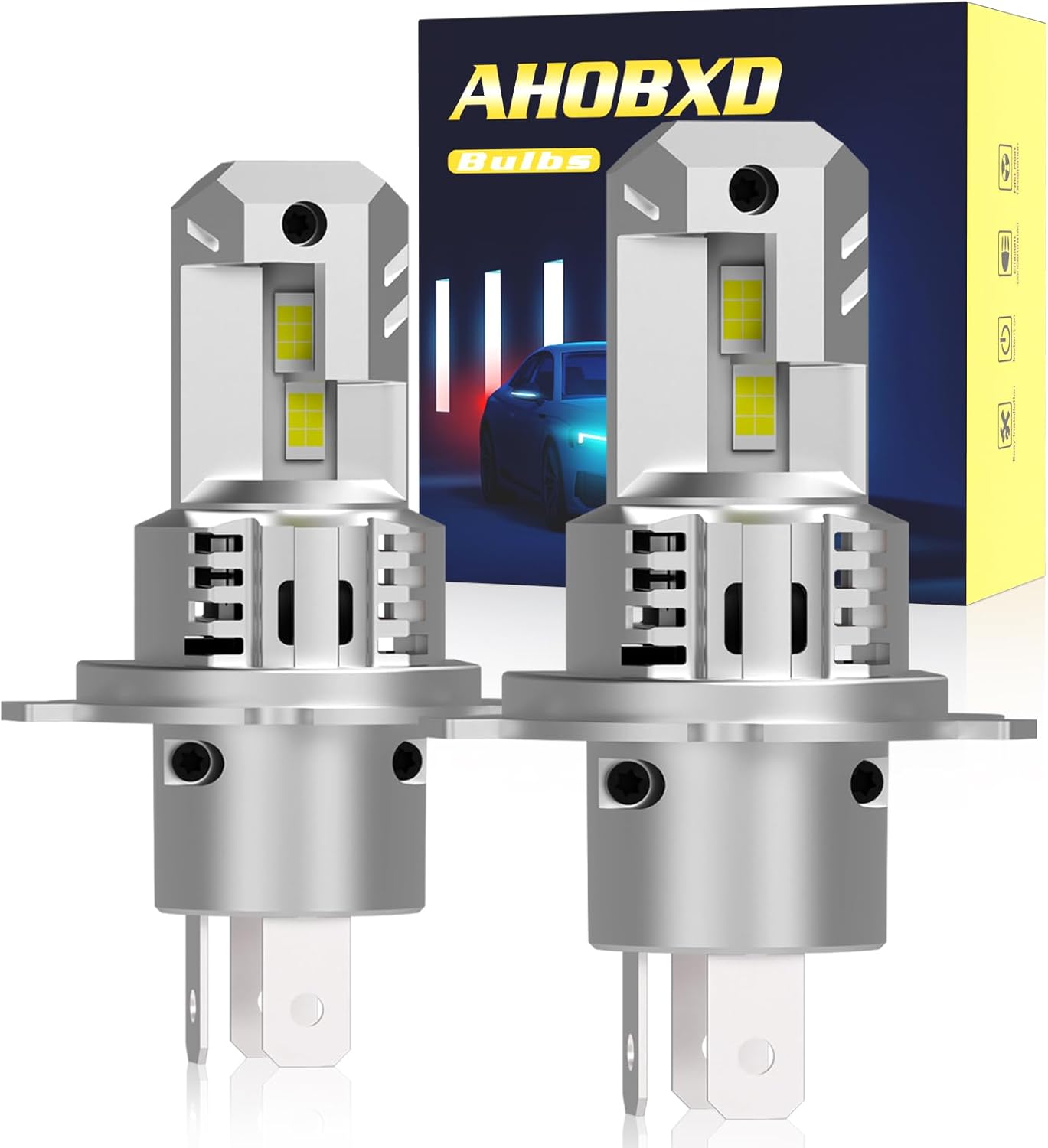 AHOBXD H4 LED headlight bulbs front view showing the dual-chip design and three-prong base connection.