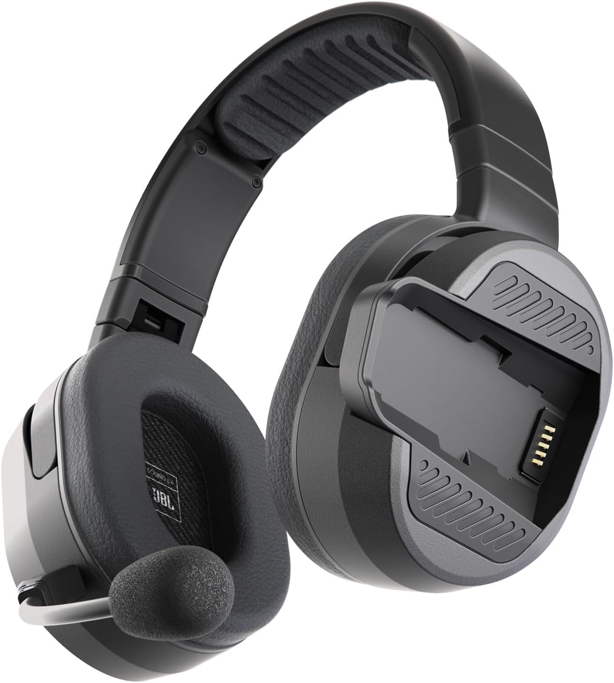 Cardo Packtalk Edgephones front view showcasing the rugged black over ear headset design