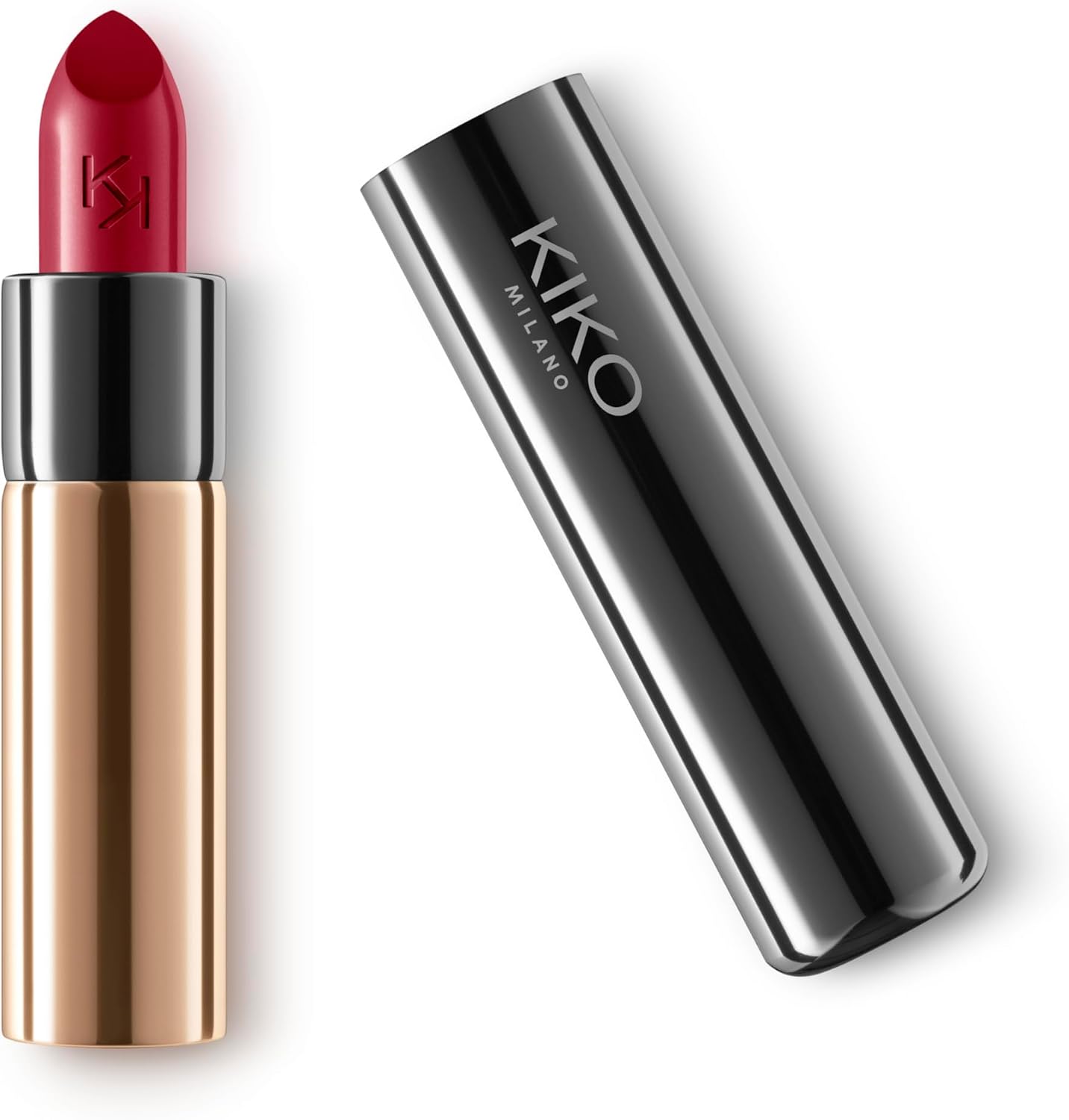 Kiko Milano Gossamer Emotion Creamy Lipstick front view showcasing the high shine metallic barrel.