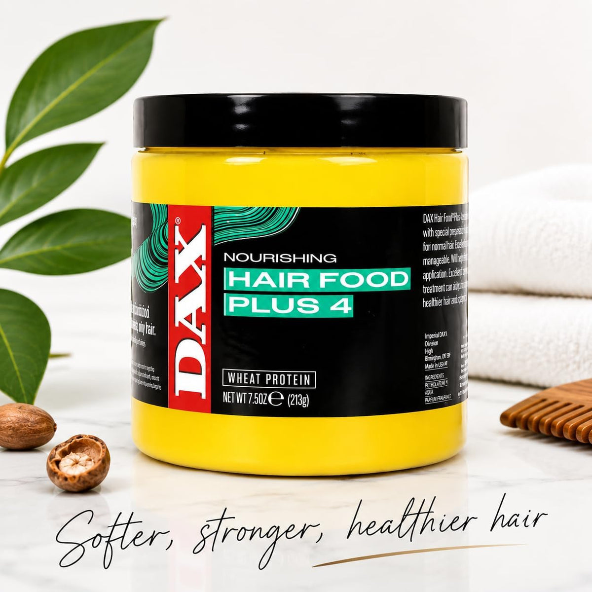 Back label of DAX Hair Food 7.5 Ounce listing ingredients and instructions