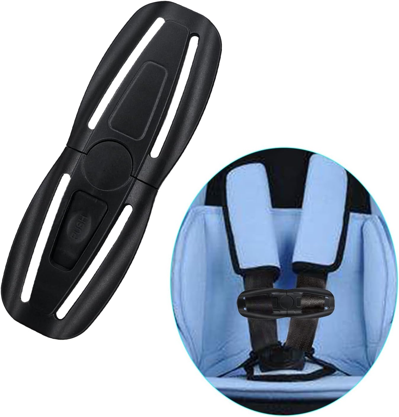 Alovexiong car seat chest harness clip front view showing the black push button release mechanism.