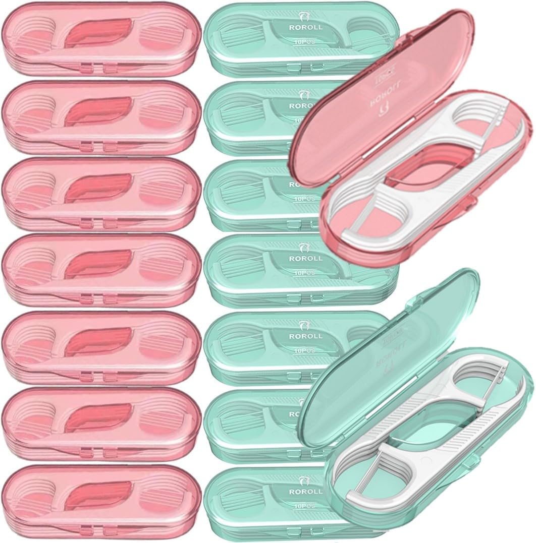 QUALIALL travel dental floss pick case front view with pink and green portable holders