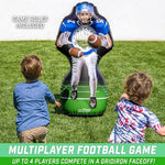 Inflataman Football Challenge set showcasing the two kid friendly inflatable footballs and air pump.