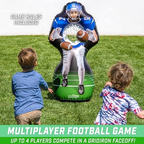 Inflataman Football Challenge set showcasing the two kid friendly inflatable footballs and air pump.