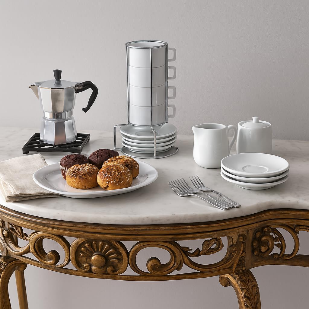 HIC Kitchen white porcelain demitasse cups with chrome storage rack