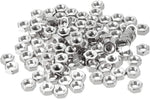 Carbon steel fastener nuts viewed from side angle