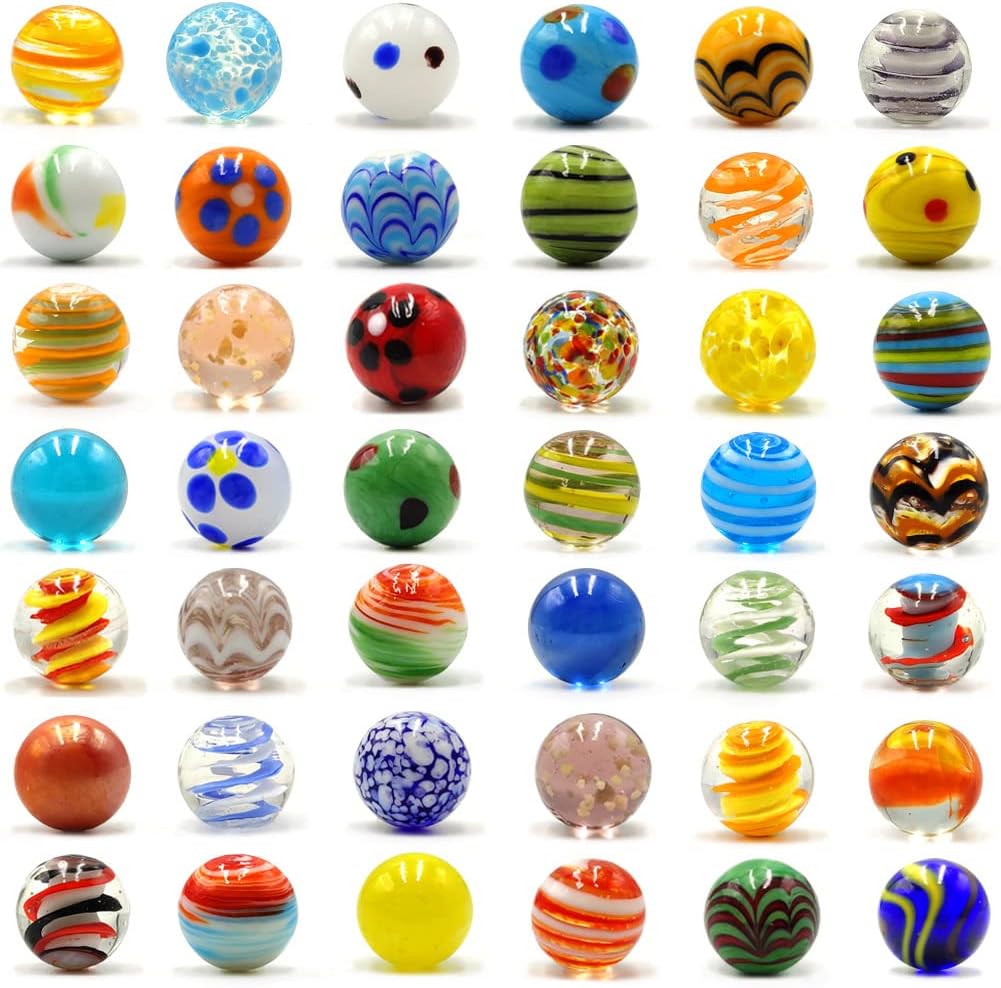 DSHMIXIA handmade glass marbles bulk set front view showcasing forty two colorful premium pieces.