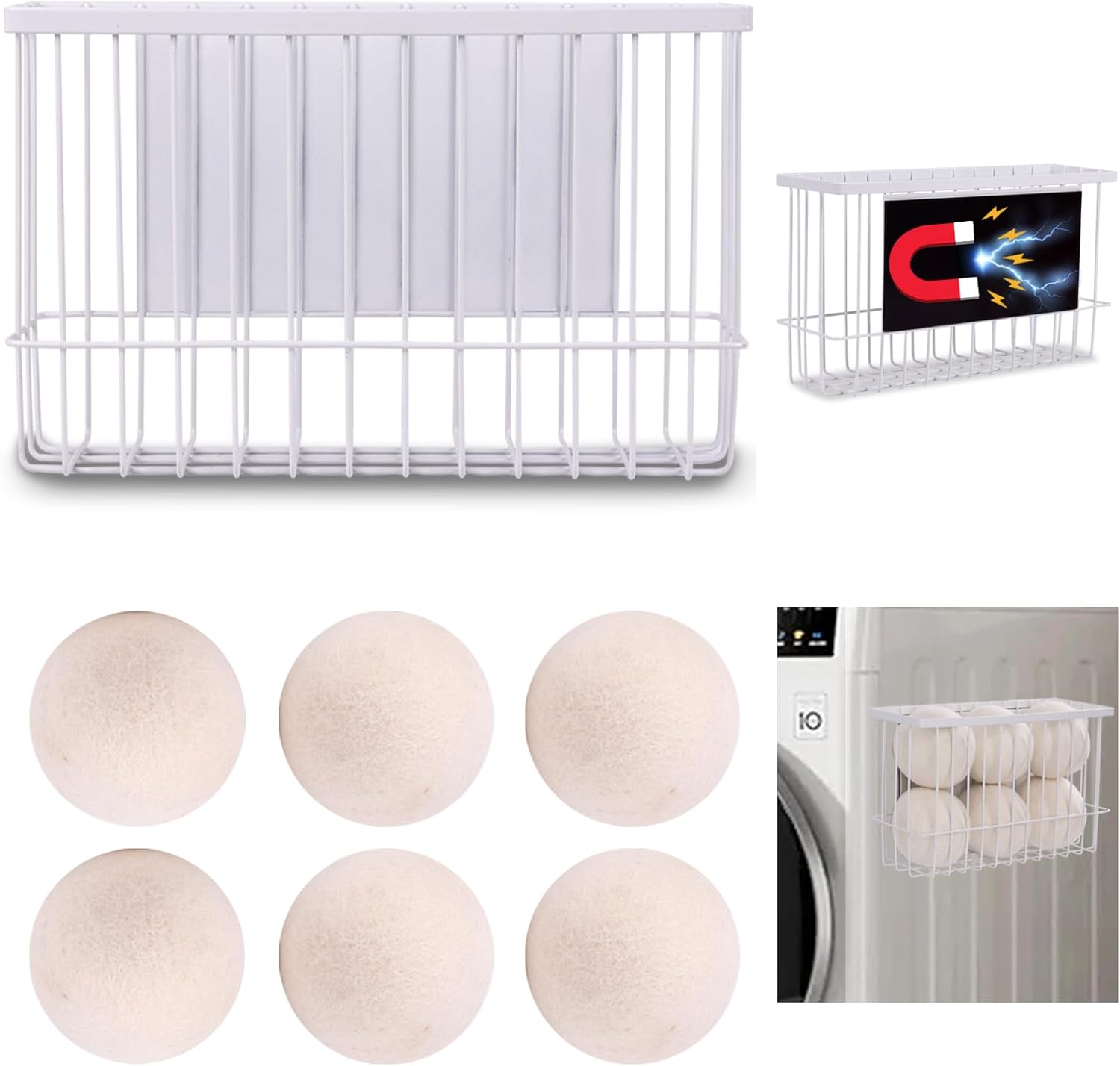 Magnetic Dryer Ball Holder Plus 6 XL Wool Dryer Balls from New Zealand Wool – Laundry Dryer Balls Organizer & Storage, Magnetic Basket for Dryer Balls, Space-Saving & Easy Tool-Free Installation - Image 1