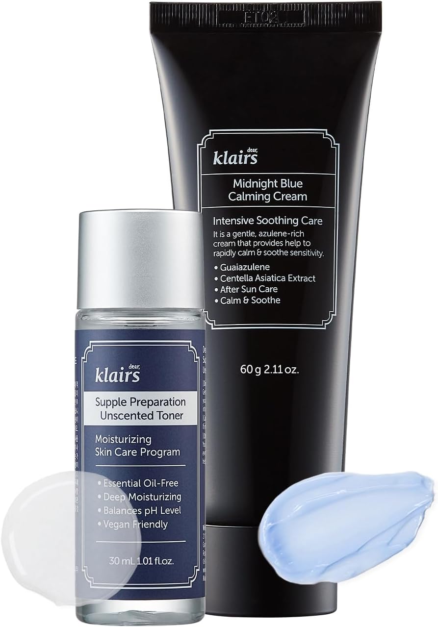 Dear Klairs Supple Unscented Toner and Blue Calming Cream set front packaging view