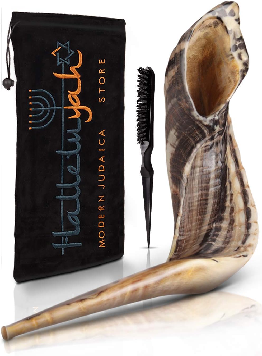 HalleluYAH KOSHER ODORLESS Ram Horn Shofar - 14"-16", Smooth Mouthpiece, Velvet Bag, Clean Brush, Shofar Guide - Made In Israel - Image 1