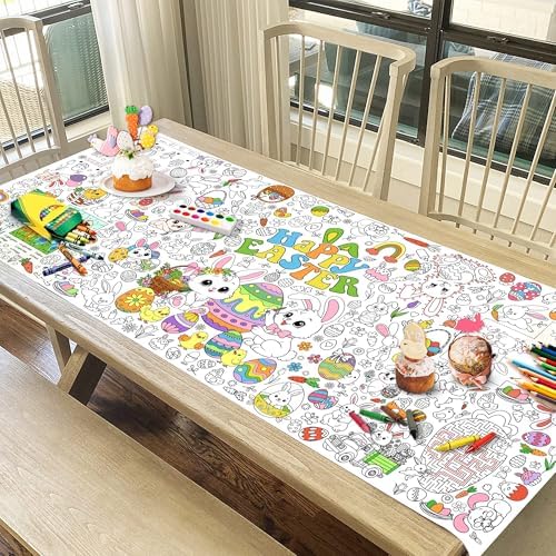 Festive Easter party setting featuring the color-in rectangular table cover with crayons arranged in holders.