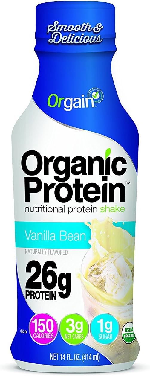 Orgain plant based ready to drink meal replacement shake bottle showing premium organic ingredients list.