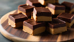 Close up view of rich textured chocolate and mint cream fudge slices.