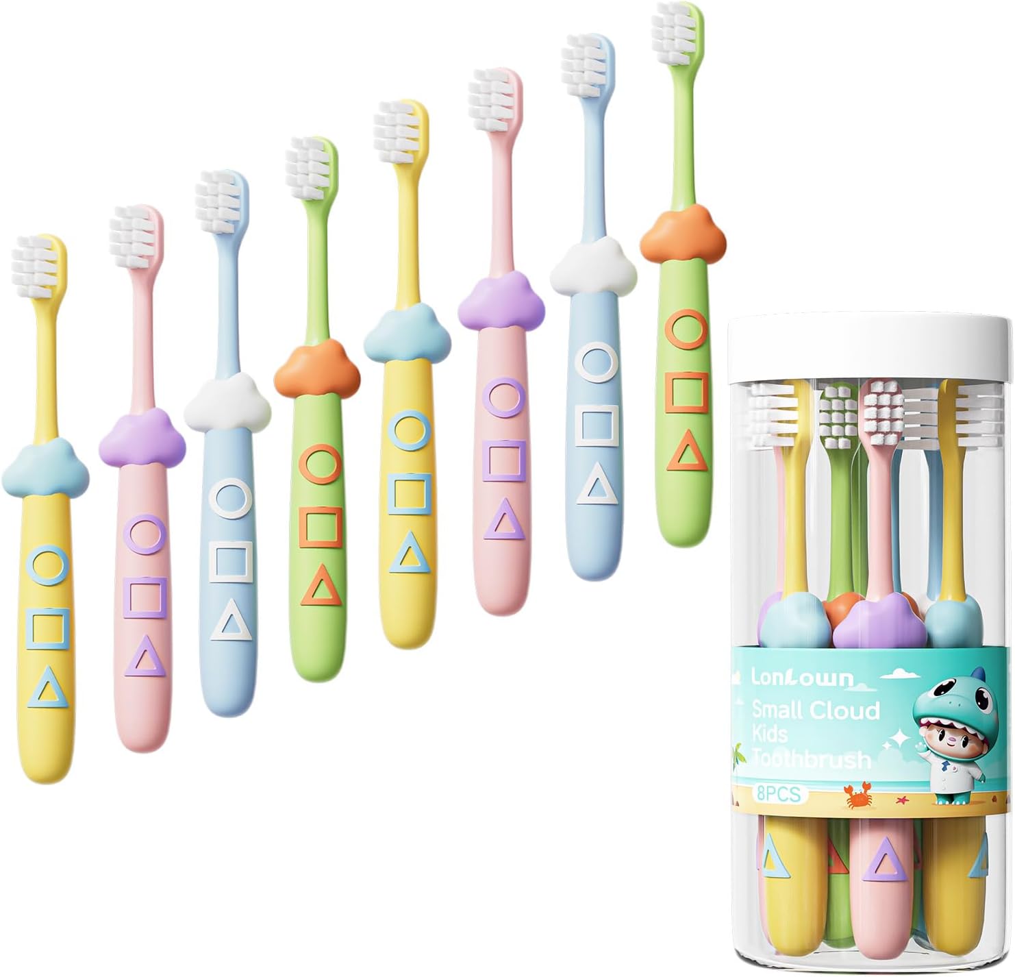 Lonlown kids extra soft toddler toothbrush eight pack front view showing colorful ergonomic handles.