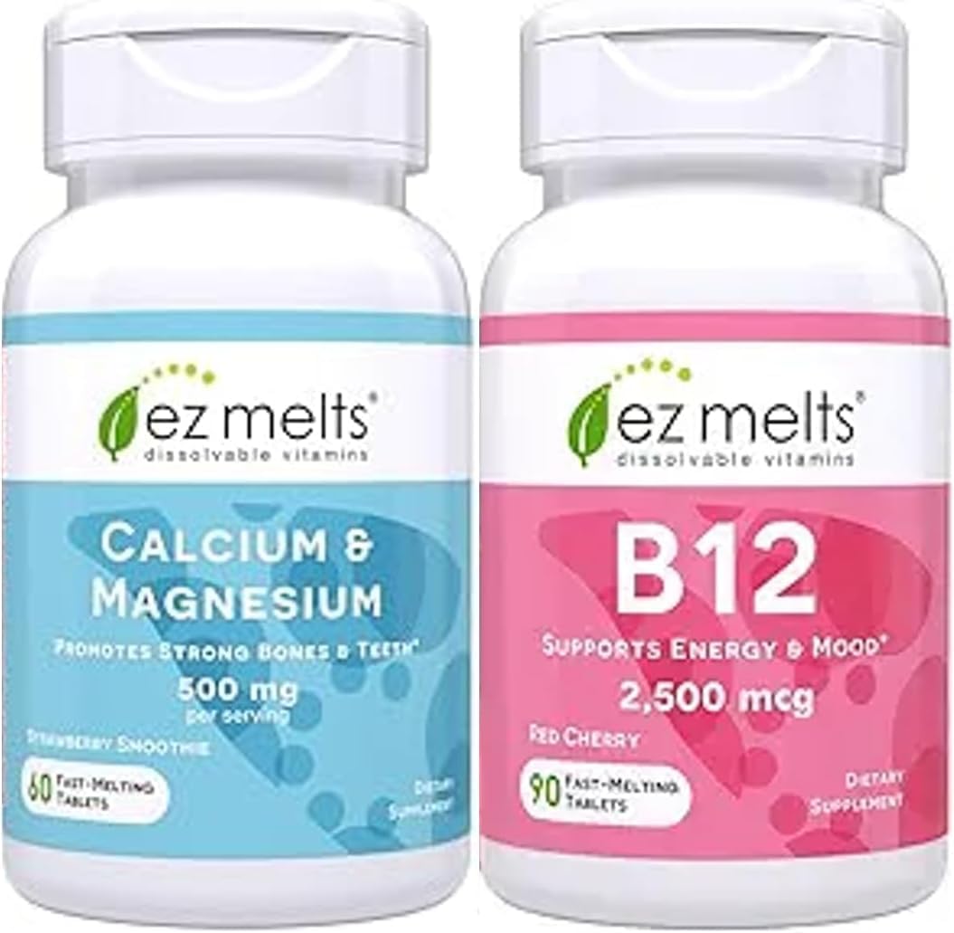 EZ Melts B12 Sublingual Vitamin and Calcium Magnesium Supplement Bundle front view packaging