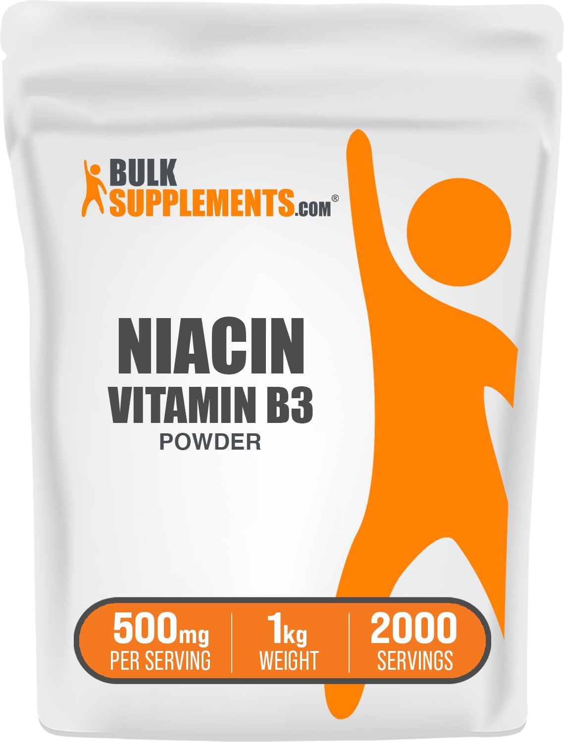 Premium USA imported BulkSupplements Niacin 500 Grams pouch standing upright on a clean surface.