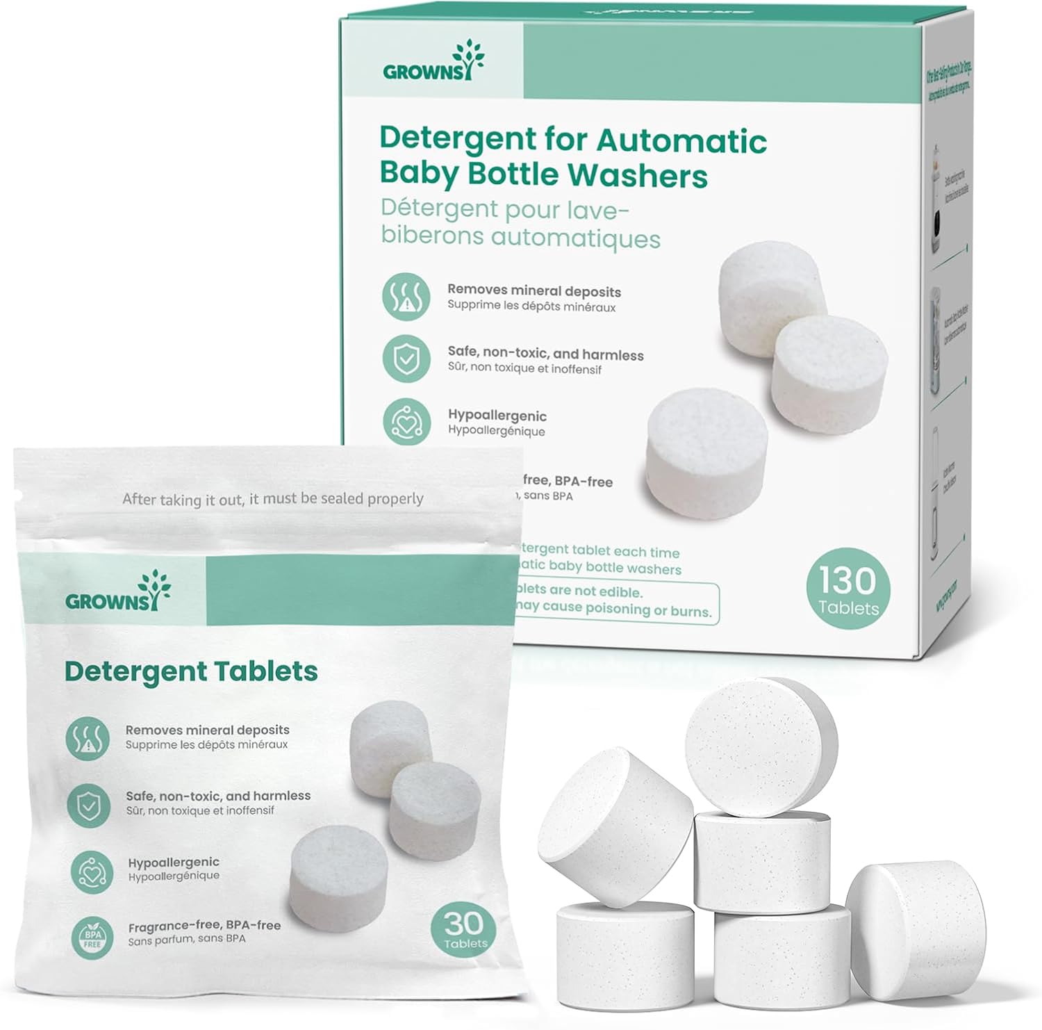Grownsy bottle washer detergent tablets 130 count front view