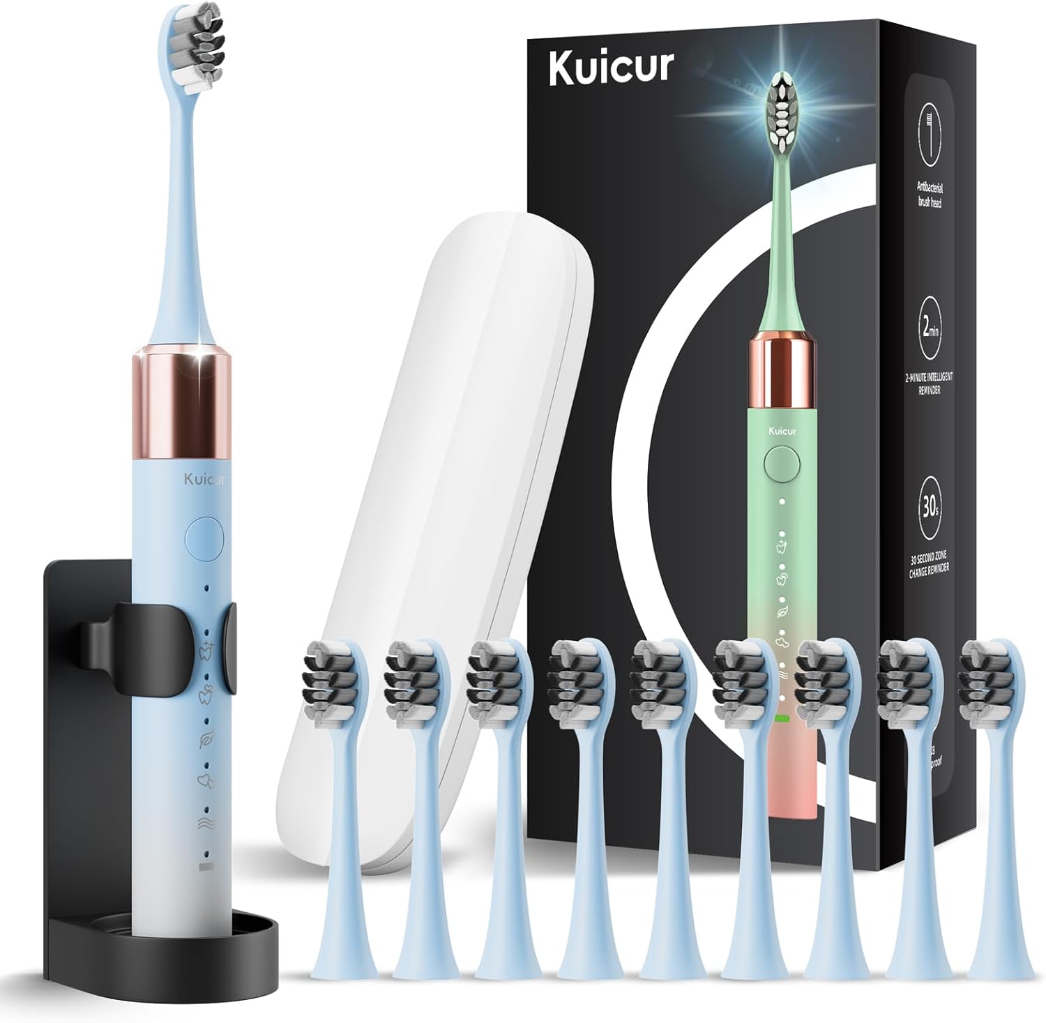 Kuicur Sonic Electric Toothbrush front view showing blue and white handle and charging port.