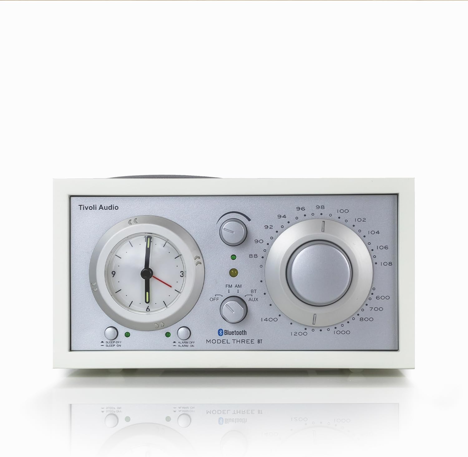 Tivoli Audio Model Three Bluetooth Clock Radio front view in White and Silver
