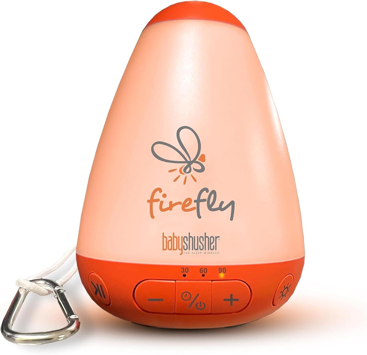 Baby Shusher Firefly baby soother front view showing the portable white noise machine with glowing orange sunset nightlight