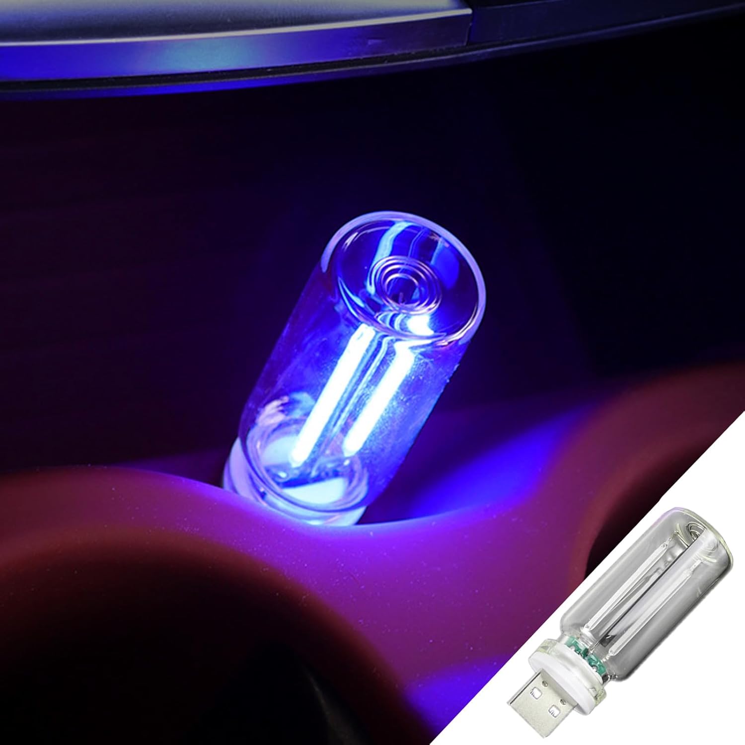 Bokocs touch control car atmosphere light front view plugged into dashboard USB port emitting blue glow