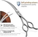 Premium Japanese VG10 steel curved pet shears showing the 45 degree big arc profile.