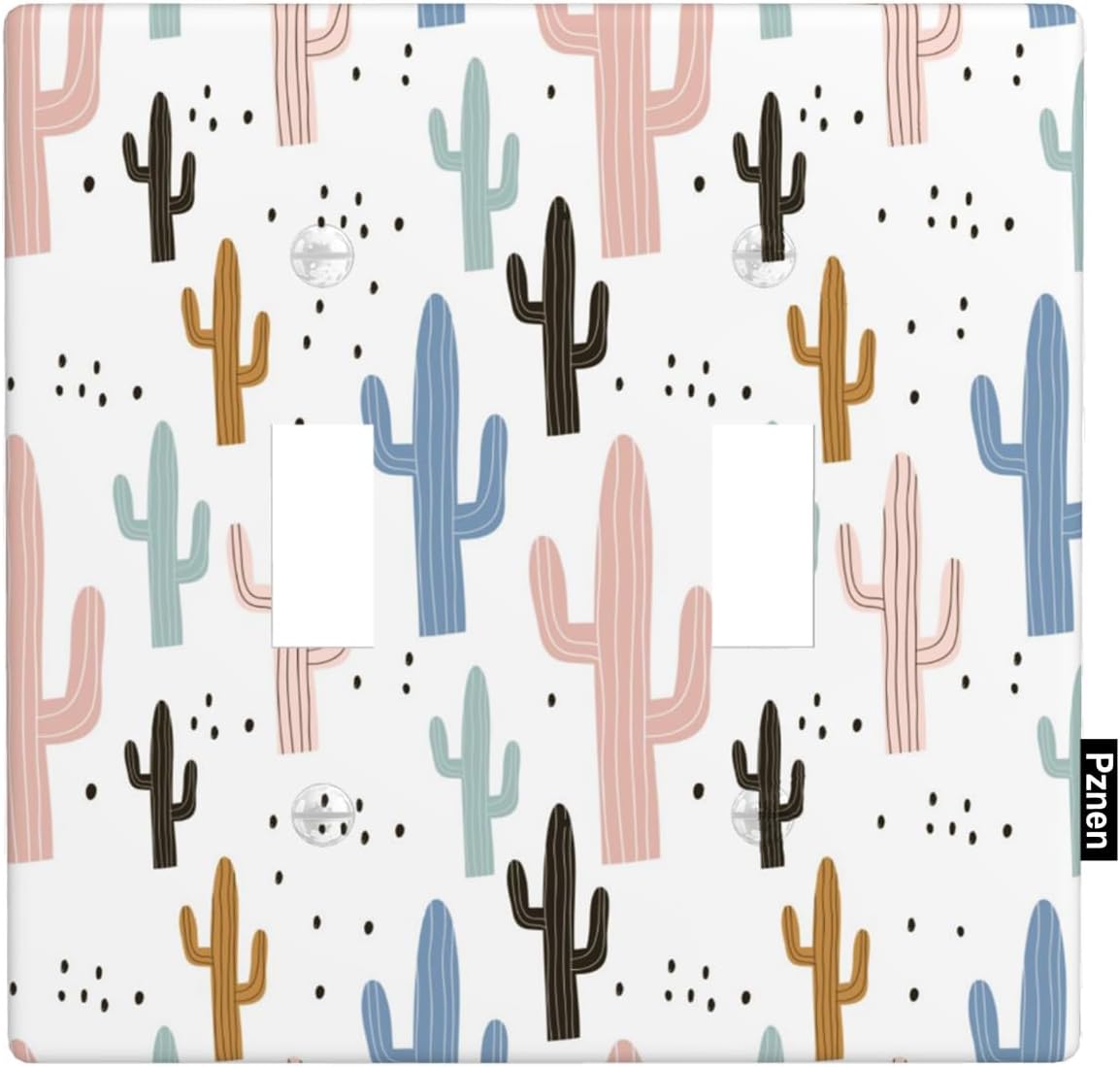 Pznen Boho Cacti Double Toggle Light Switch Cover front view showing pastel cactus pattern