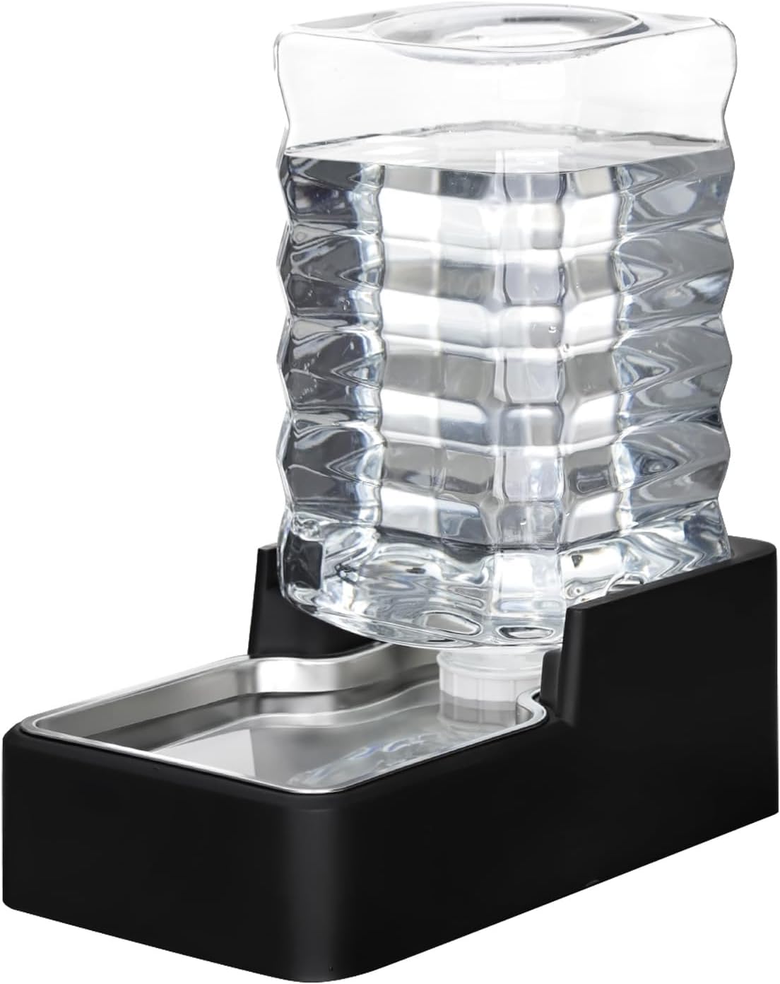 RIZZARI 9 Liters Gravity Pet Water Dispenser front view showing transparent jug and stainless steel bowl